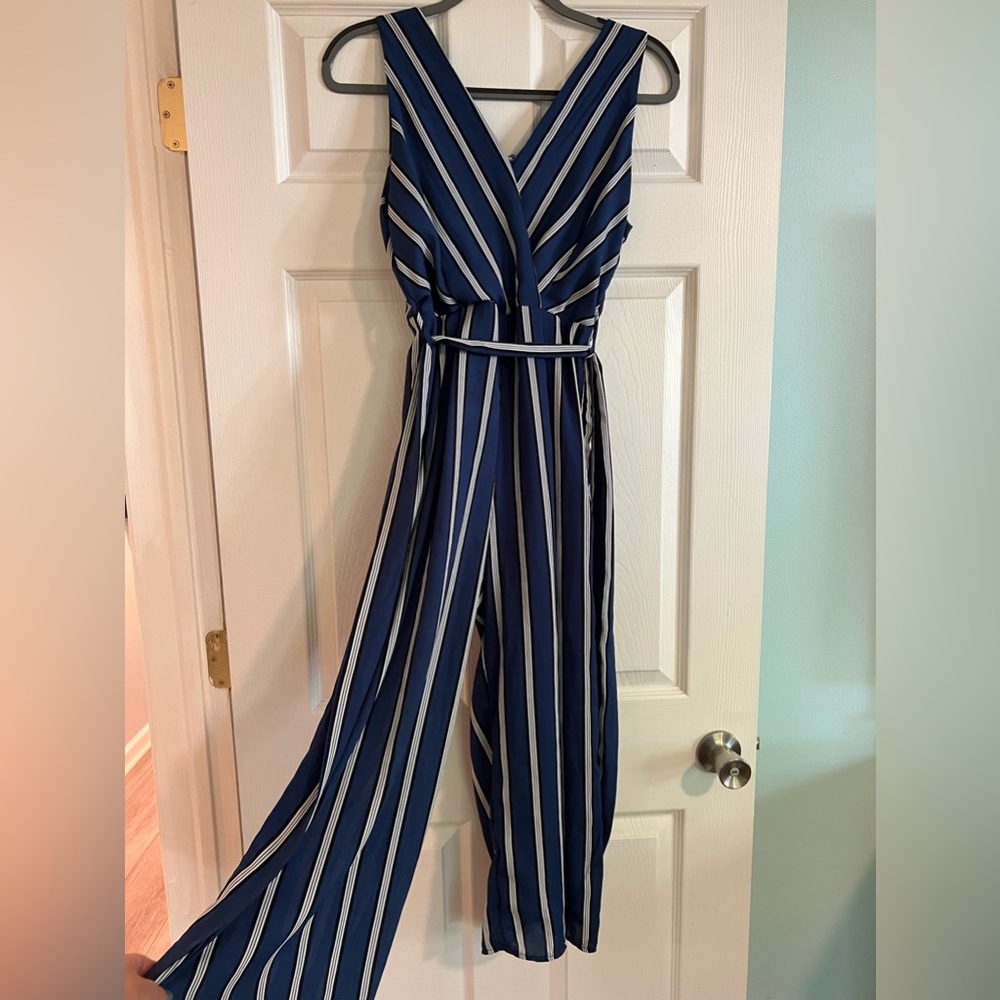 Blue and white striped jumpsuit; size S